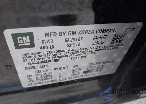 2019 Buick Encore Awd Preferred из США, поврежденный, VIN KL4CJESB5KB831002